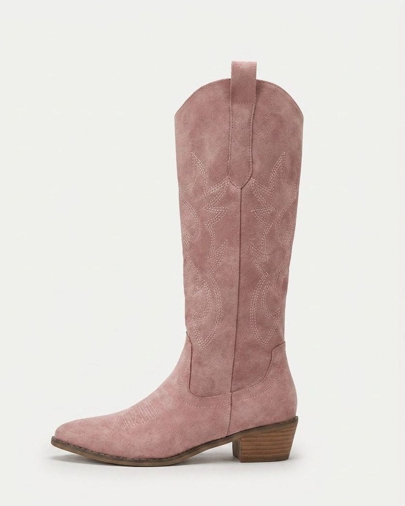 Knee High Boots Women - Suede Embroidered Knee High Boots with Block Heel