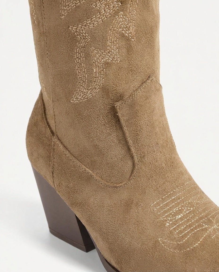 Knee High Boots Women - Suede Embroidered Knee High Boots with Block Heel