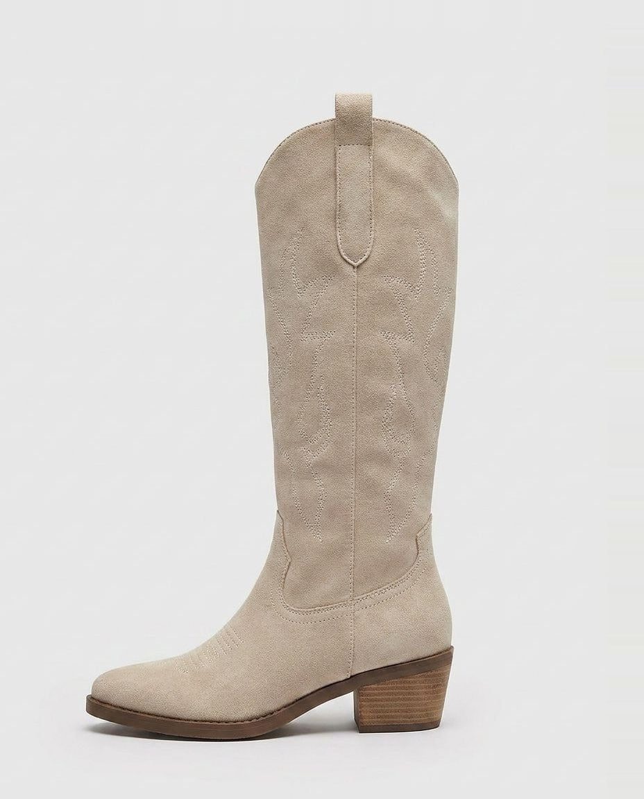Knee High Boots Women - Suede Embroidered Knee High Boots with Block Heel