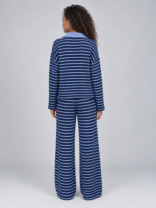 Lounge Set Women - Striped Knit Lounge Set with Wide Leg Trousers