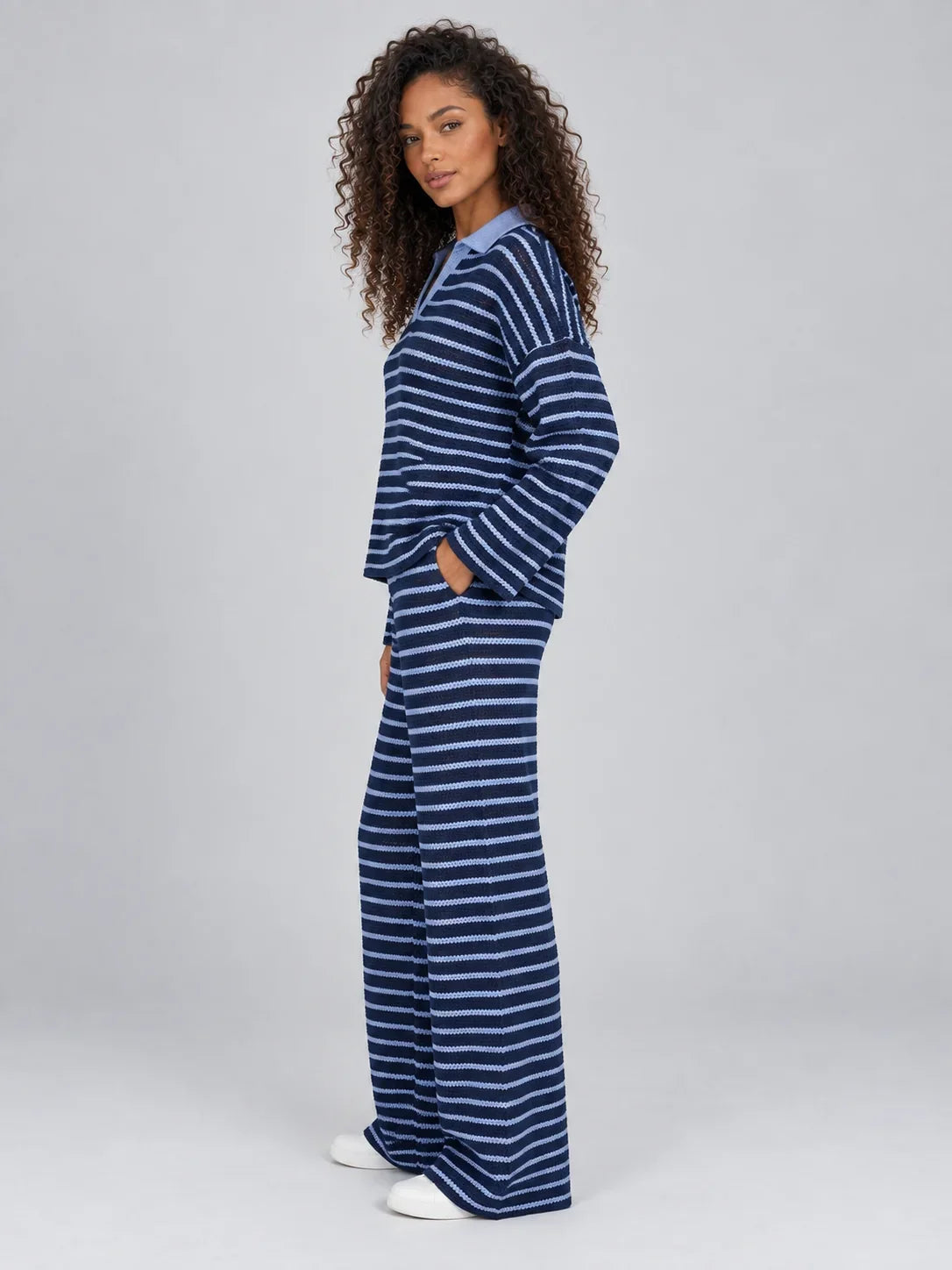 Lounge Set Women - Striped Knit Lounge Set with Wide Leg Trousers