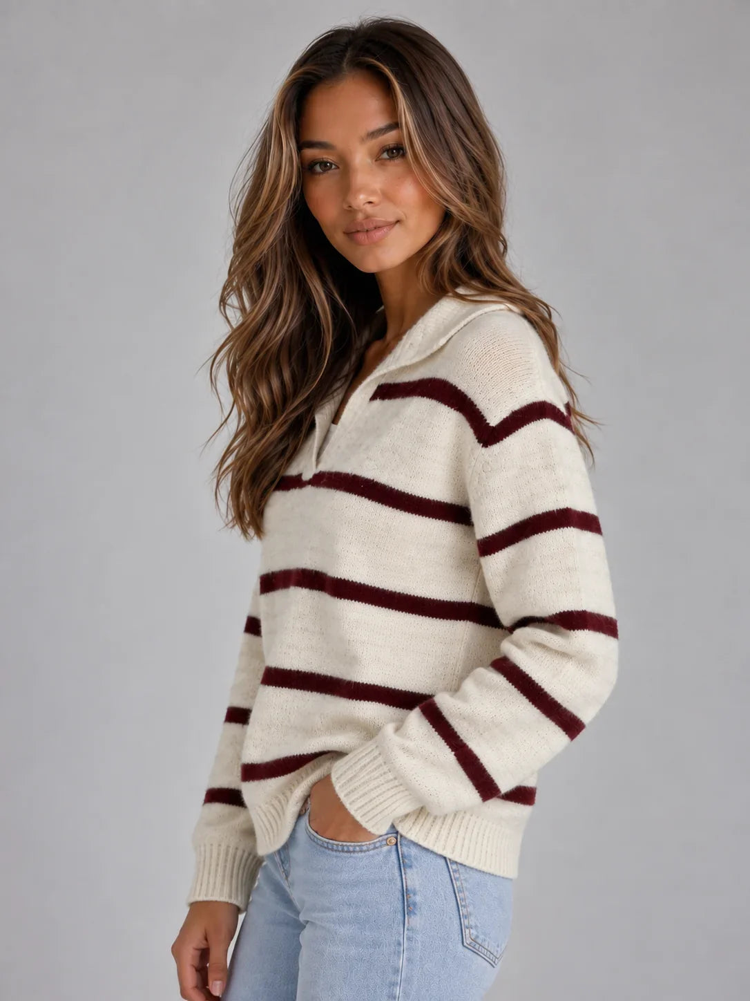 Jumper Women - Striped Alpaca Wool Jumper with Open Collar