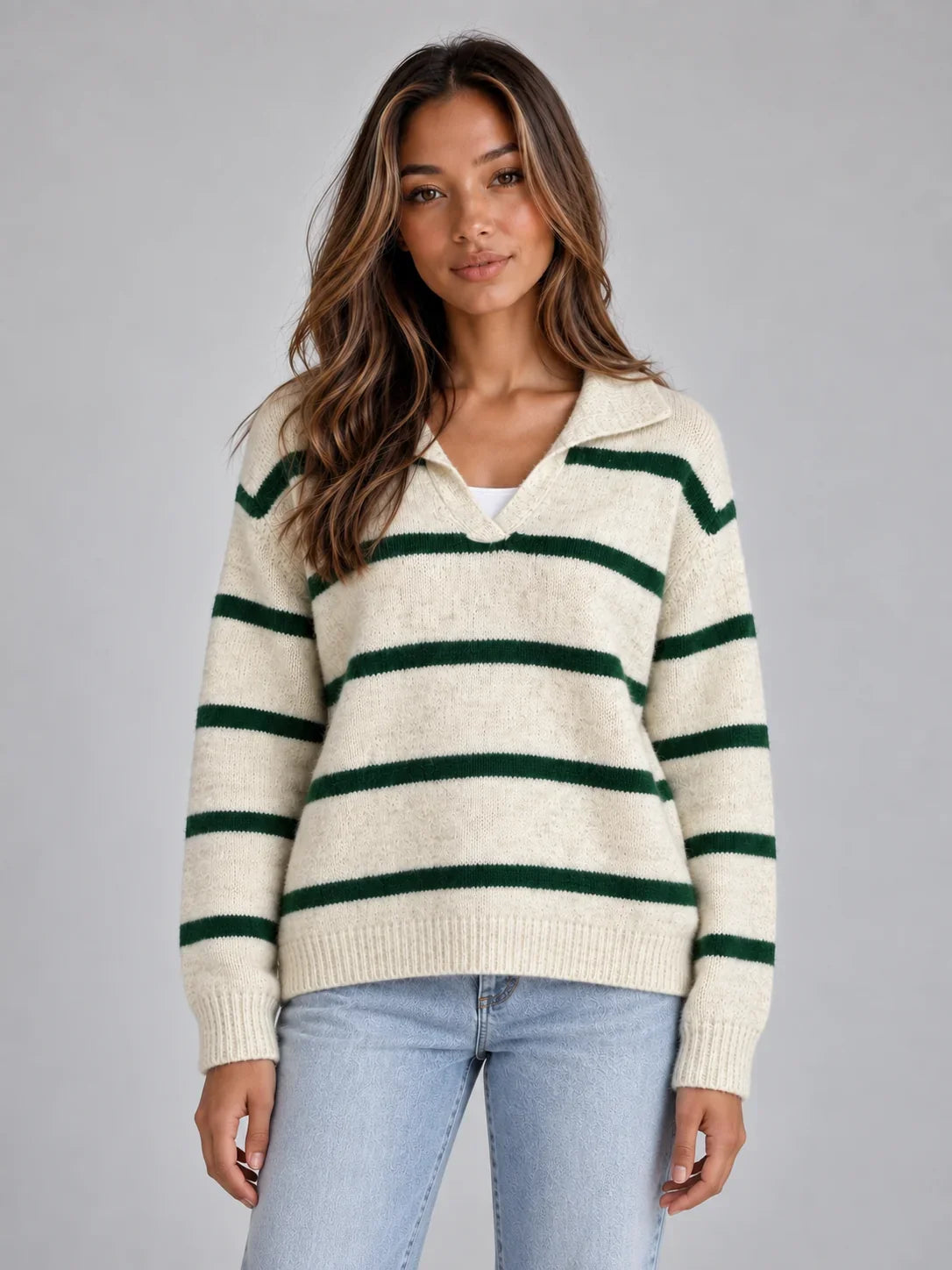 Jumper Women - Striped Alpaca Wool Jumper with Open Collar