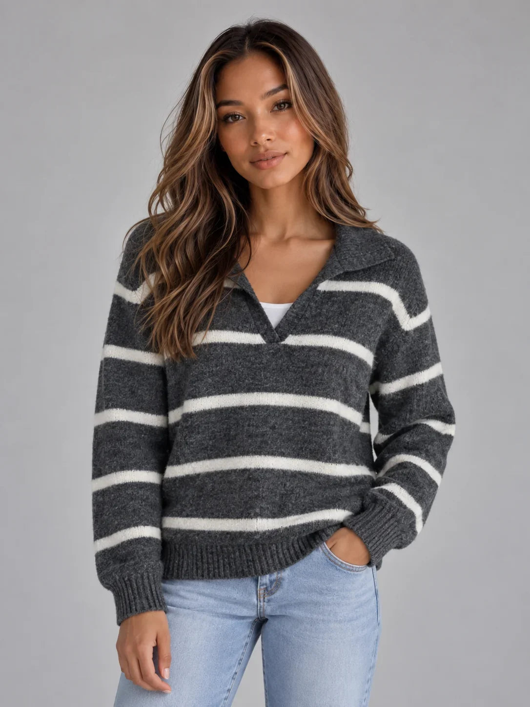 Jumper Women - Striped Alpaca Wool Jumper with Open Collar