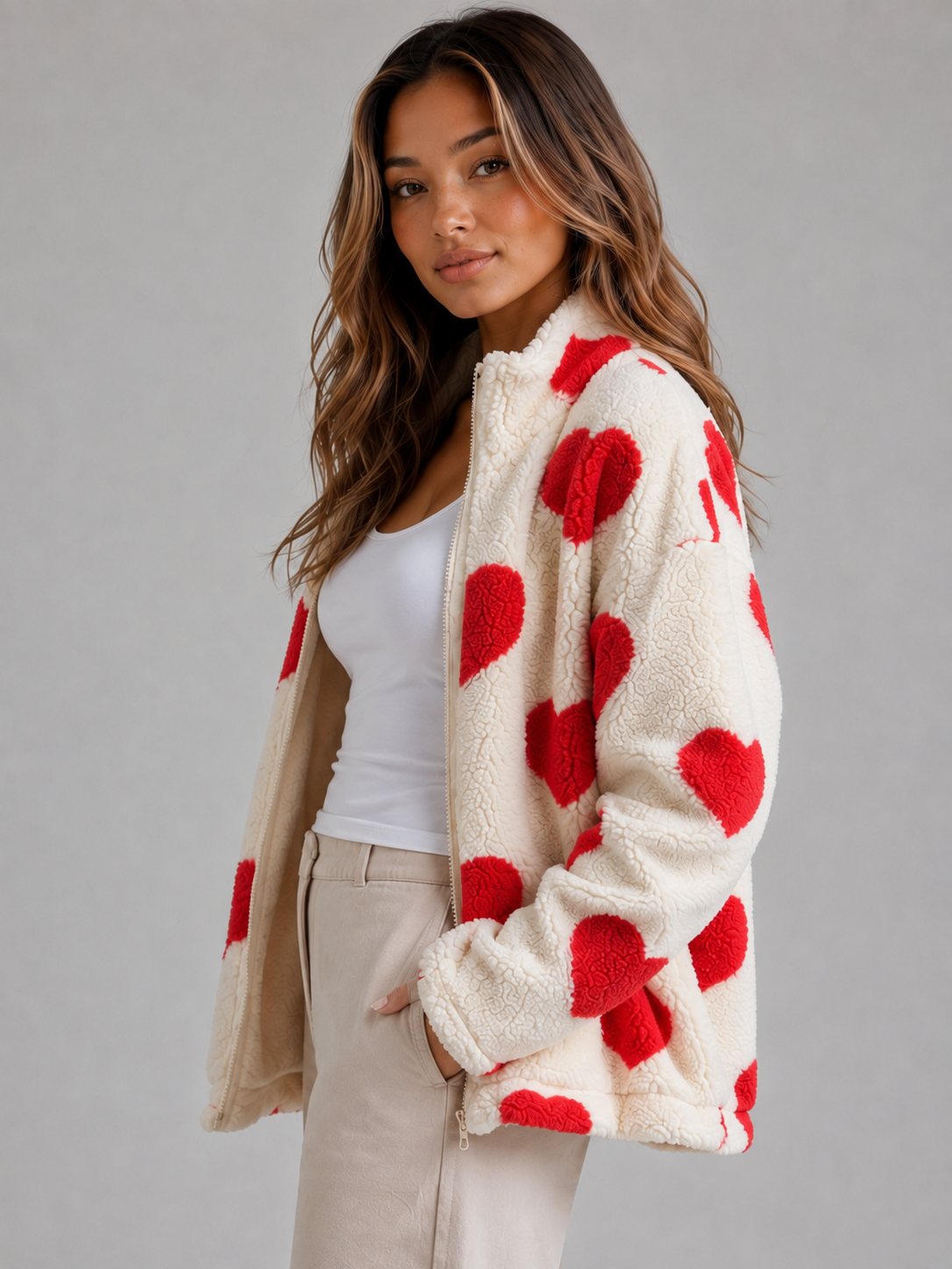 Jacket Women - Teddy Fleece Jacket with Heart Print and Full Zip