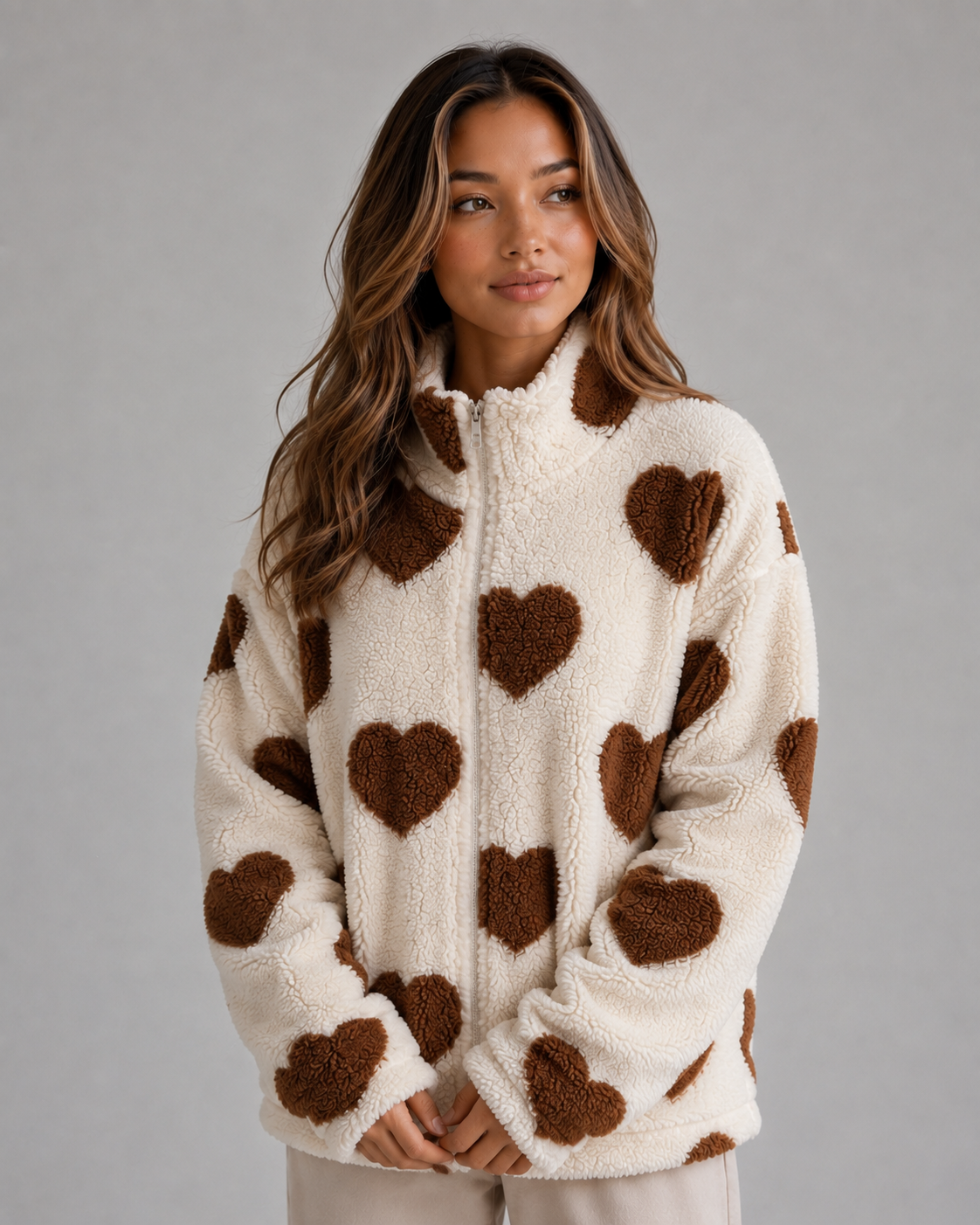 Jacket Women - Teddy Fleece Jacket with Heart Print and Full Zip