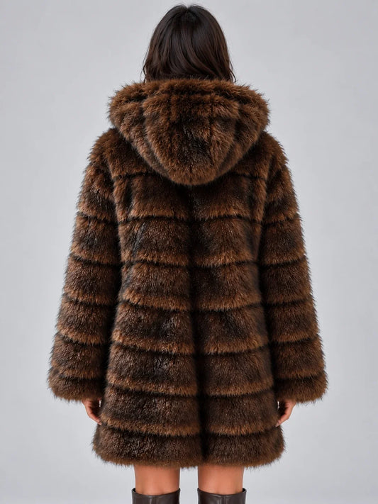Coat Women - Hooded Faux Fur Coat with Wide Lapels