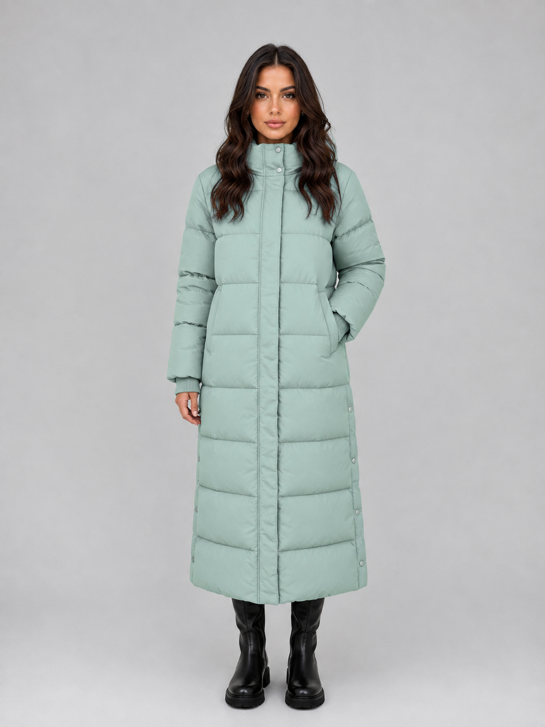Coat Women - Long Puffer Coat with Quilted Panels