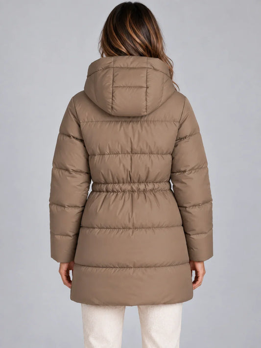 Jacket Women - Longline Hooded Puffer Jacket with Drawstring Waist