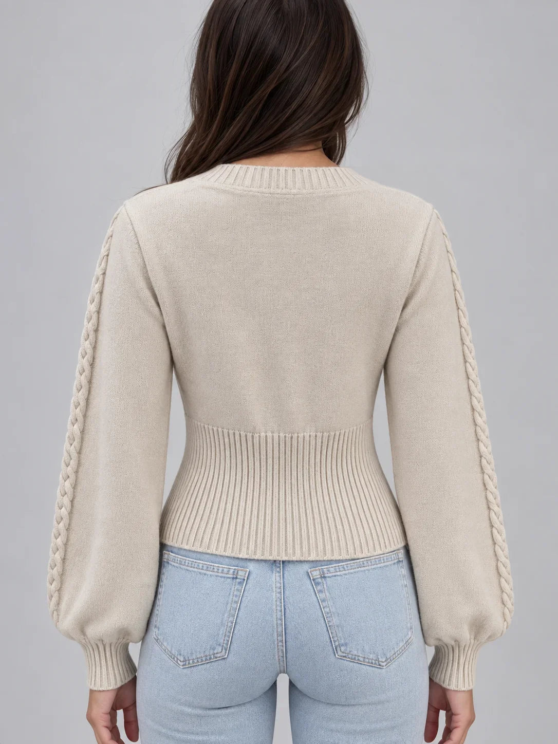 Jumper Women - Cable Knit Jumper with Square Neckline and Balloon Sleeves