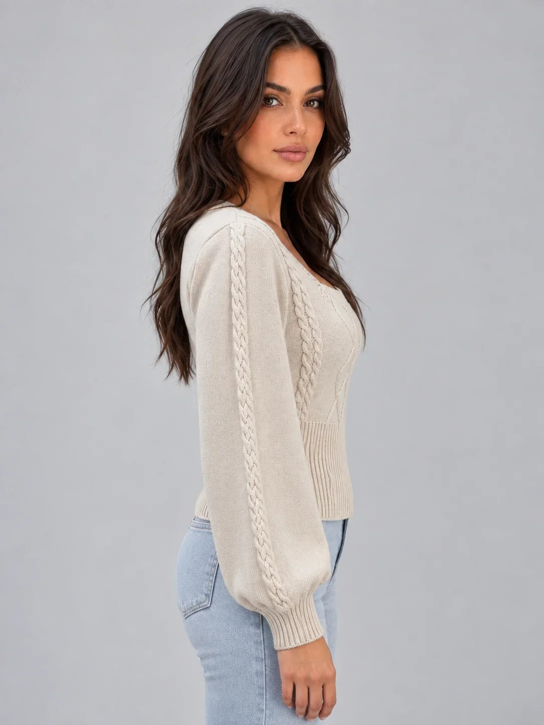 Jumper Women - Cable Knit Jumper with Square Neckline and Balloon Sleeves
