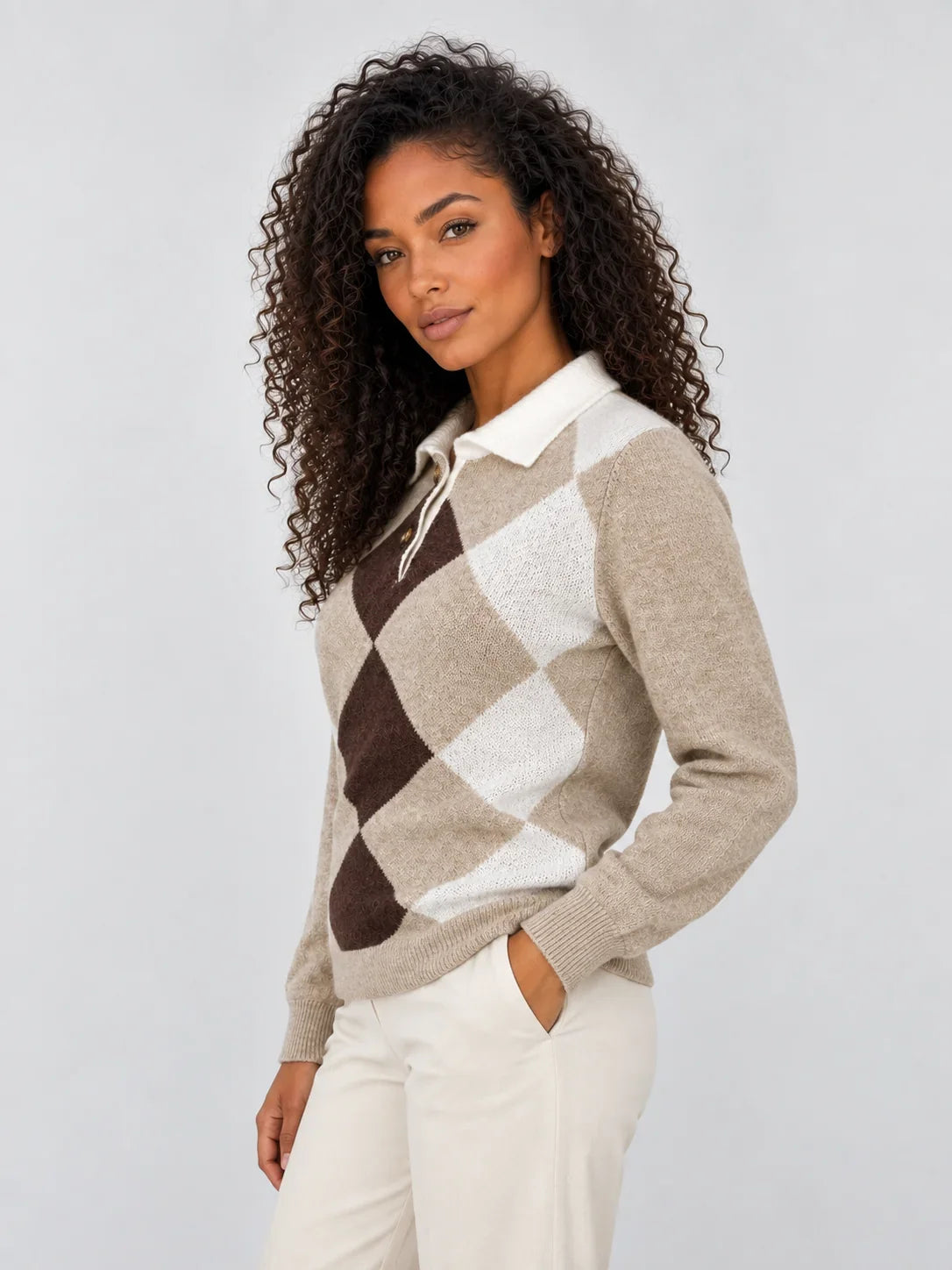 Jumper Women - Argyle Knit Jumper with Collared Neckline