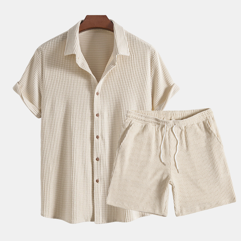 Set Men - Waffle Texture Two-Piece Summer Outfit with Short Sleeves