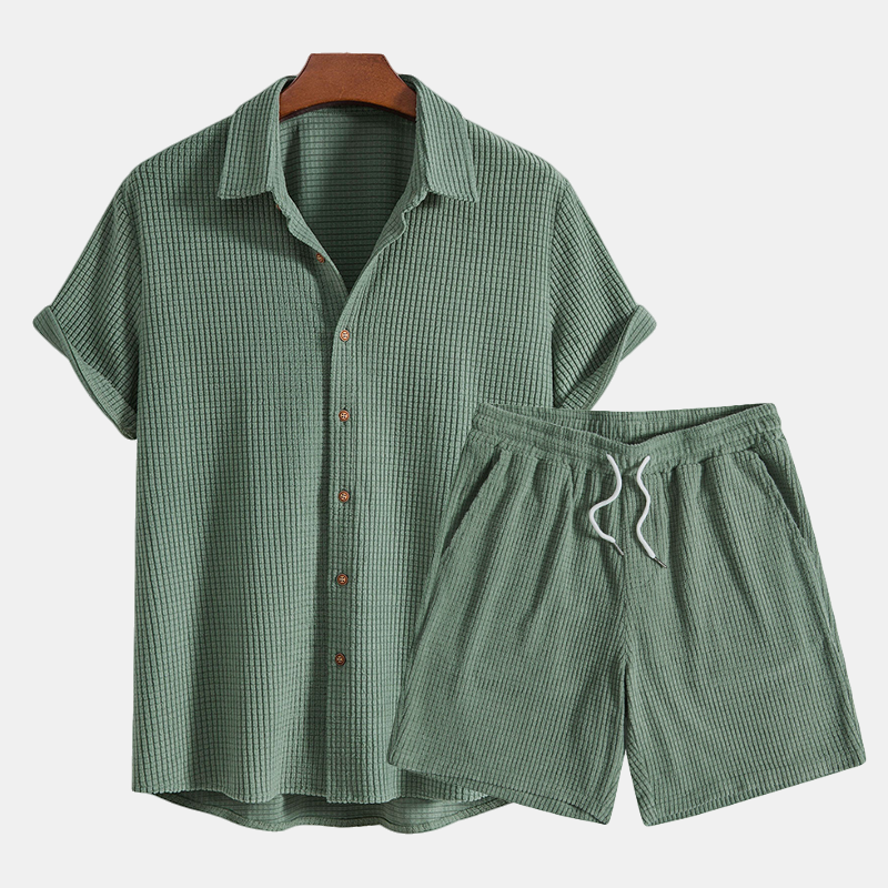 Set Men - Waffle Texture Two-Piece Summer Outfit with Short Sleeves