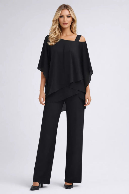 Set Women - Layered Top Trousers Outfit with Asymmetric Cut