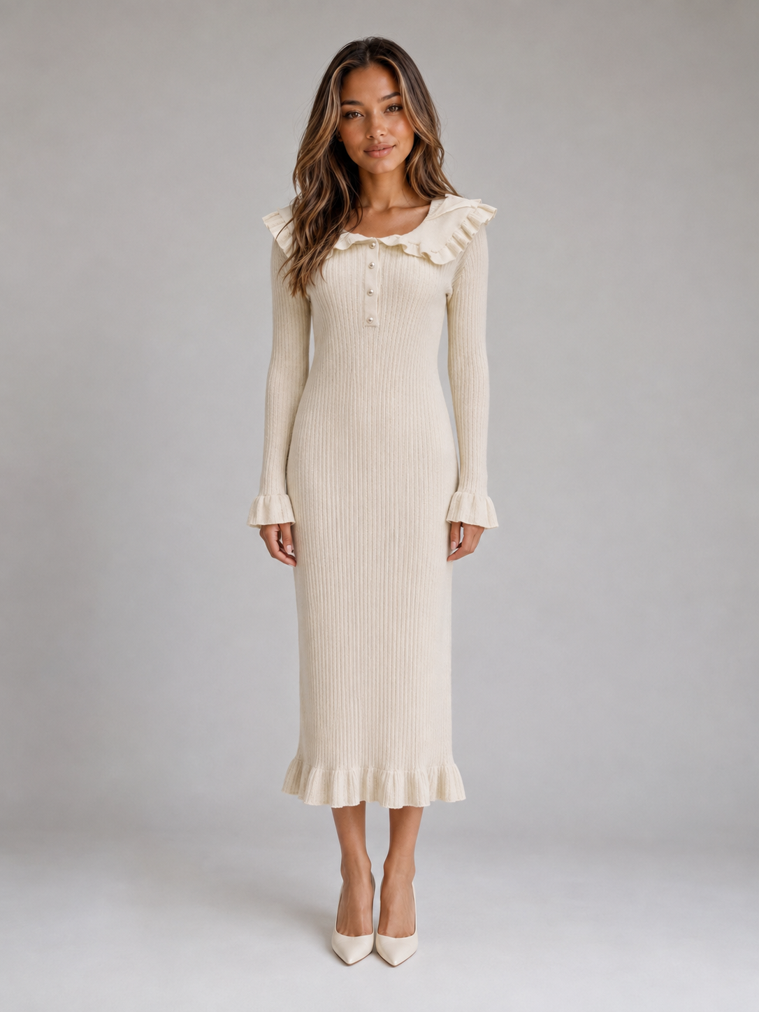 Midi Dress Women - Ribbed Knit Midi Dress with Collar