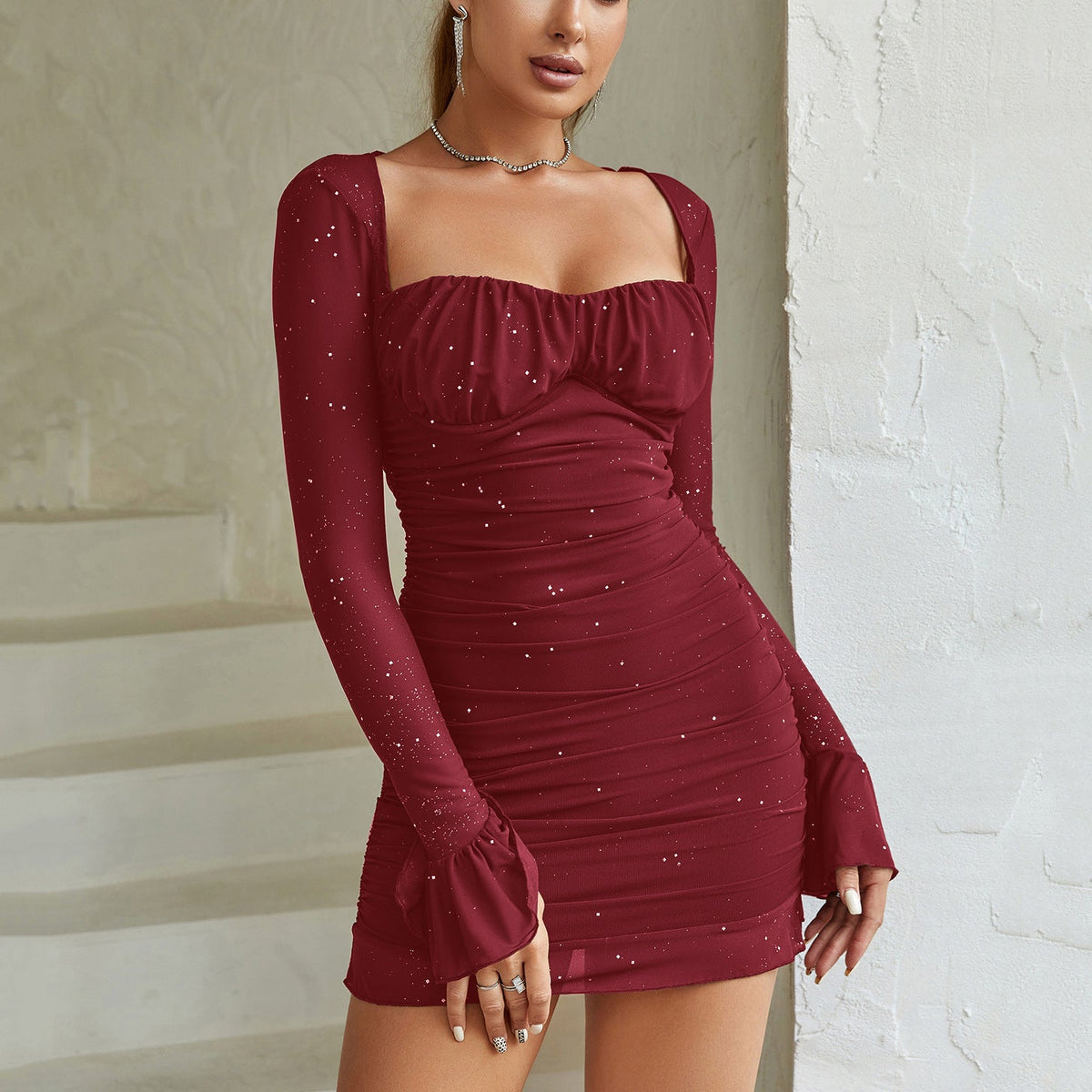 Mini Dress Women - Mesh Ruched Dress with Sparkle Detail and Long Sleeves
