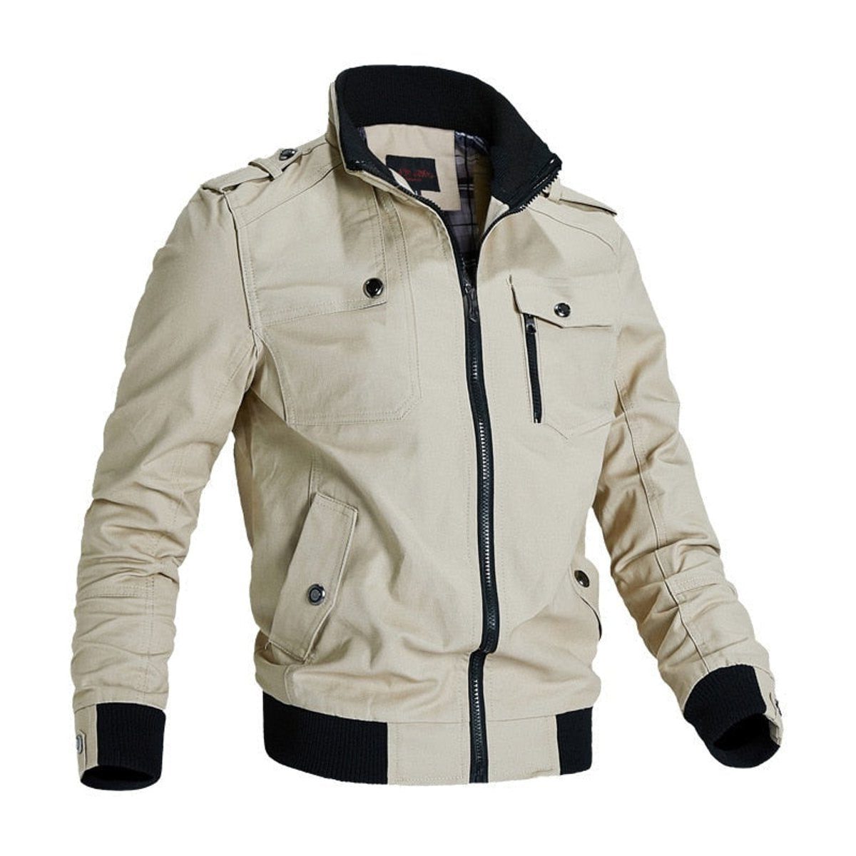 Bomber Jacket Men - Zip-Front Cotton Bomber Jacket with Stand Collar