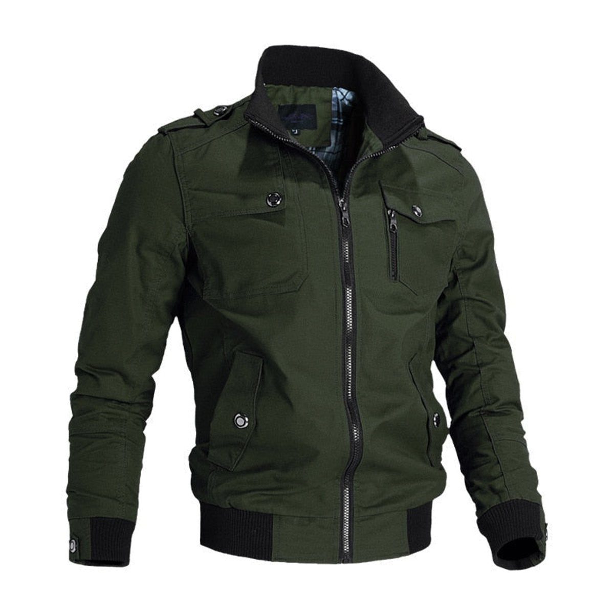Bomber Jacket Men - Zip-Front Cotton Bomber Jacket with Stand Collar