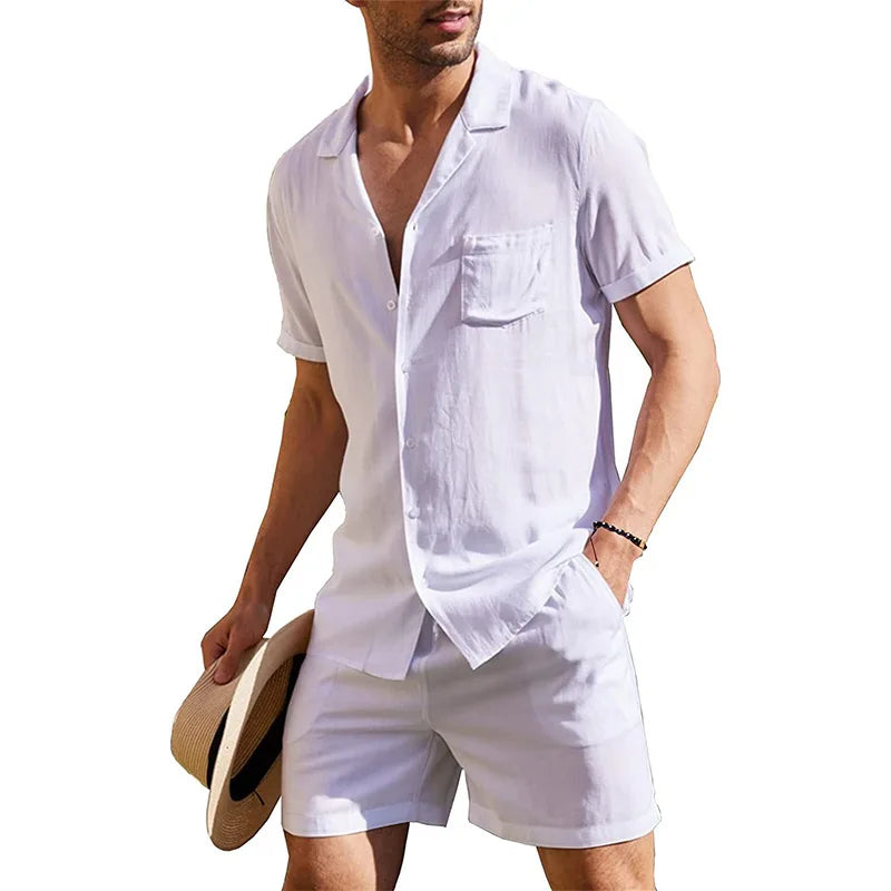 Linen Shirt Set Men - Shorts Summer Set with Short Sleeves