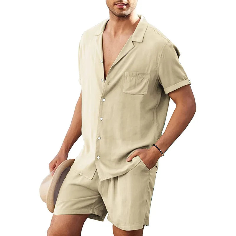 Linen Shirt Set Men - Shorts Summer Set with Short Sleeves