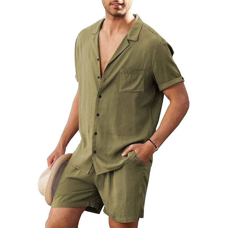 Linen Shirt Set Men - Shorts Summer Set with Short Sleeves