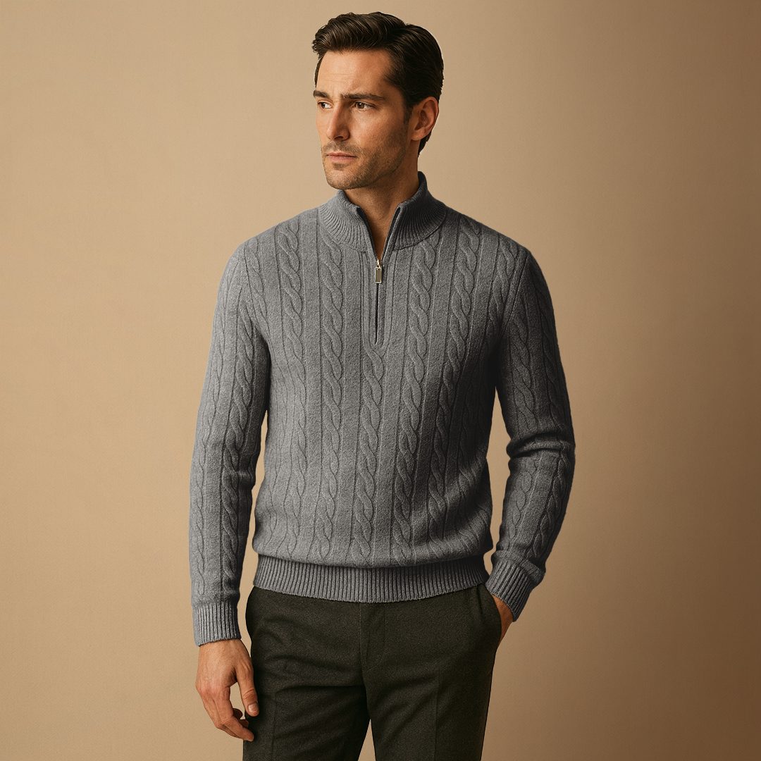 Jumper Men - Cable Knit Jumper with Half Zip Neckline
