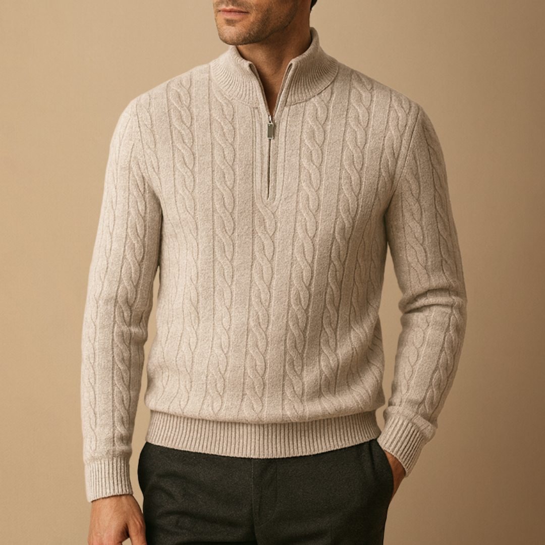 Jumper Men - Cable Knit Jumper with Half Zip Neckline