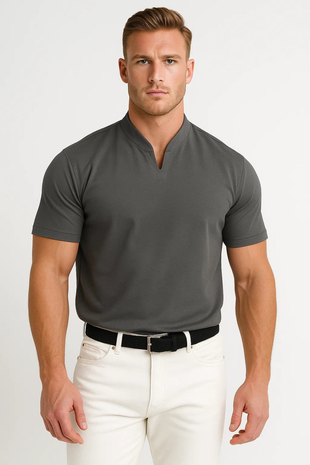 Shirt Men - Mandarin Casual Shirt with Short Sleeves and Collar