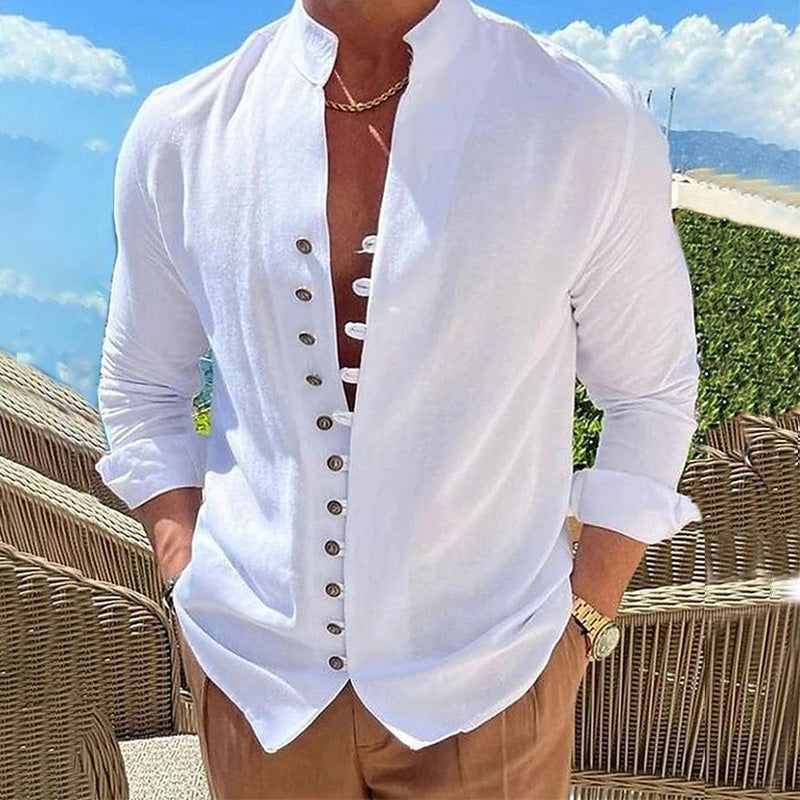 Shirt Men - Long Sleeve Cotton Shirt with Stand Collar
