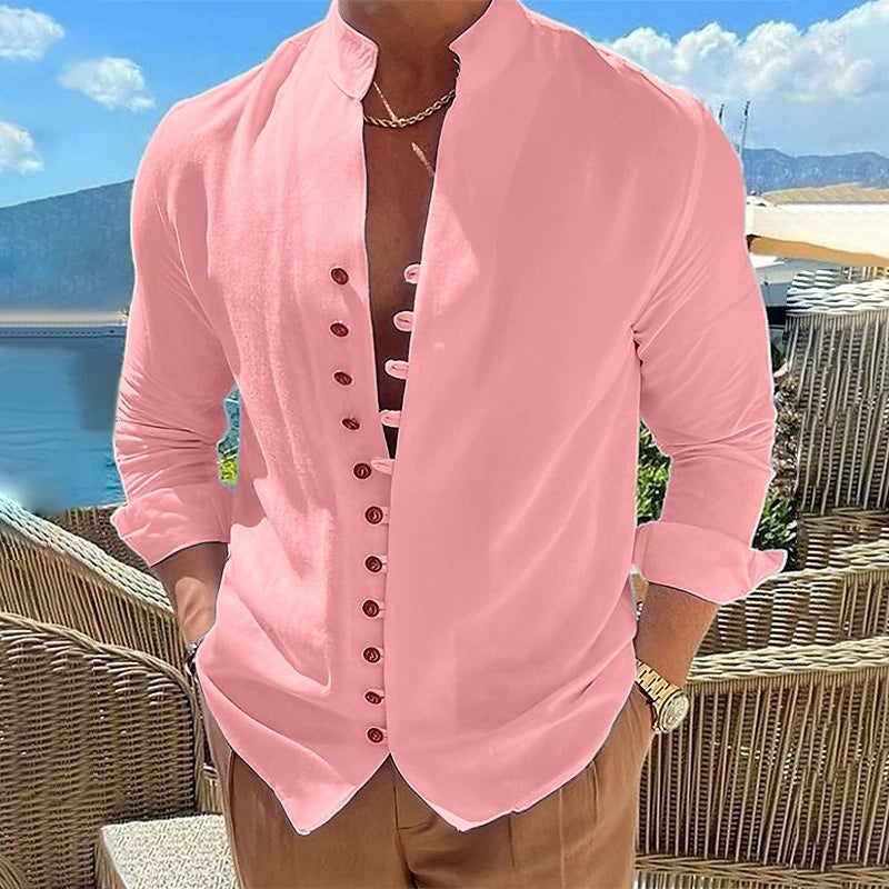 Shirt Men - Long Sleeve Cotton Shirt with Stand Collar