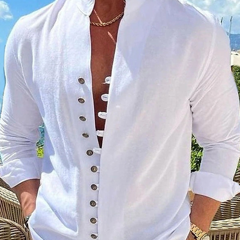 Shirt Men - Long Sleeve Cotton Shirt with Stand Collar