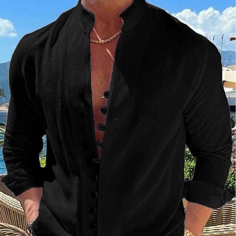 Shirt Men - Long Sleeve Cotton Shirt with Stand Collar