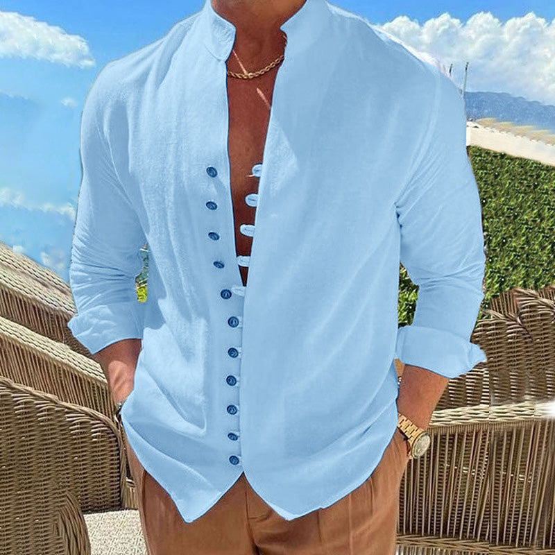 Shirt Men - Long Sleeve Cotton Shirt with Stand Collar