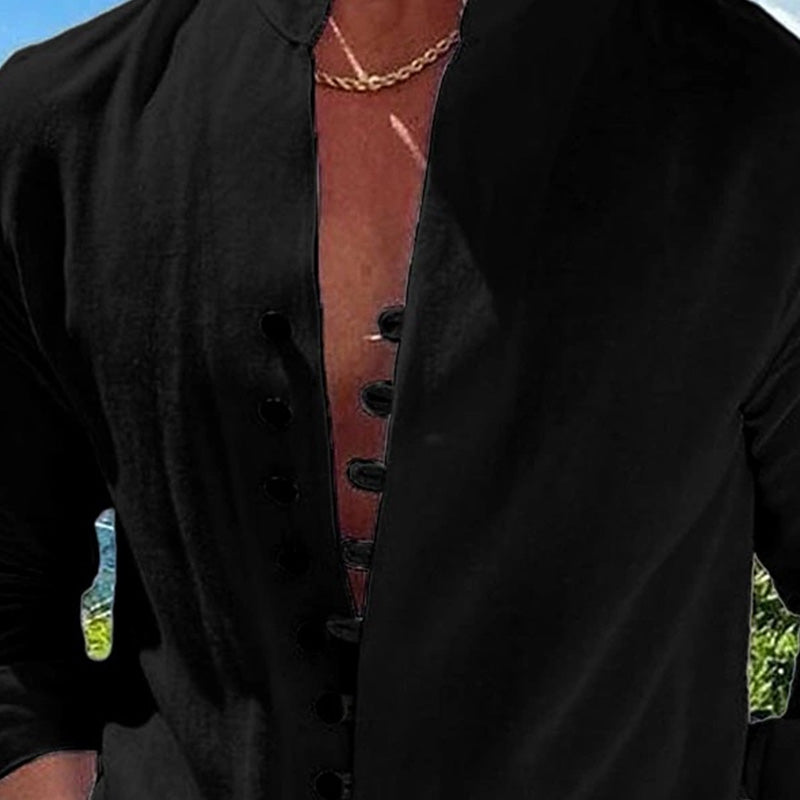 Shirt Men - Long Sleeve Cotton Shirt with Stand Collar