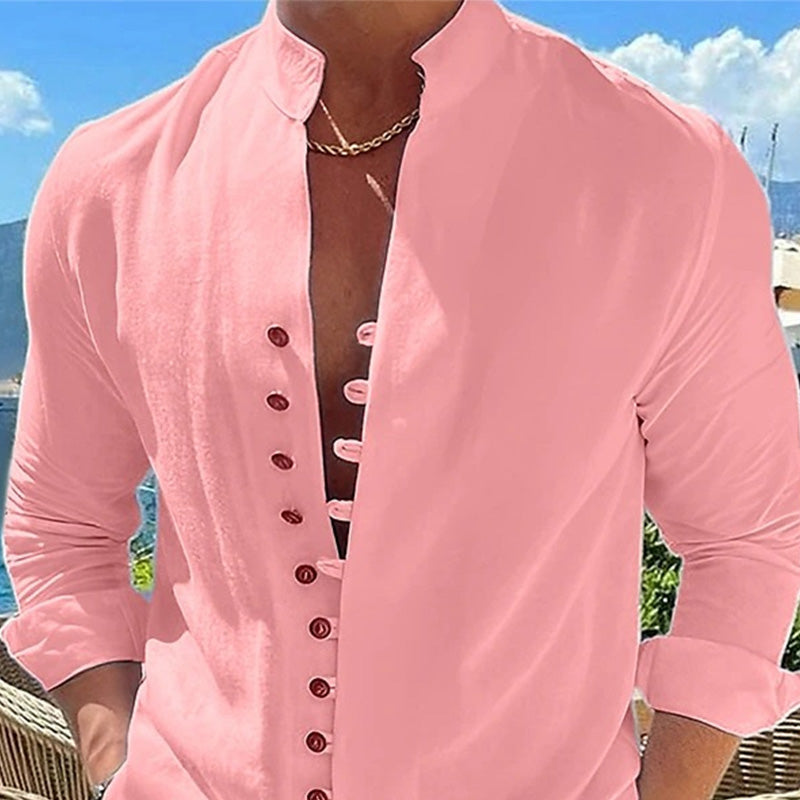 Shirt Men - Long Sleeve Cotton Shirt with Stand Collar