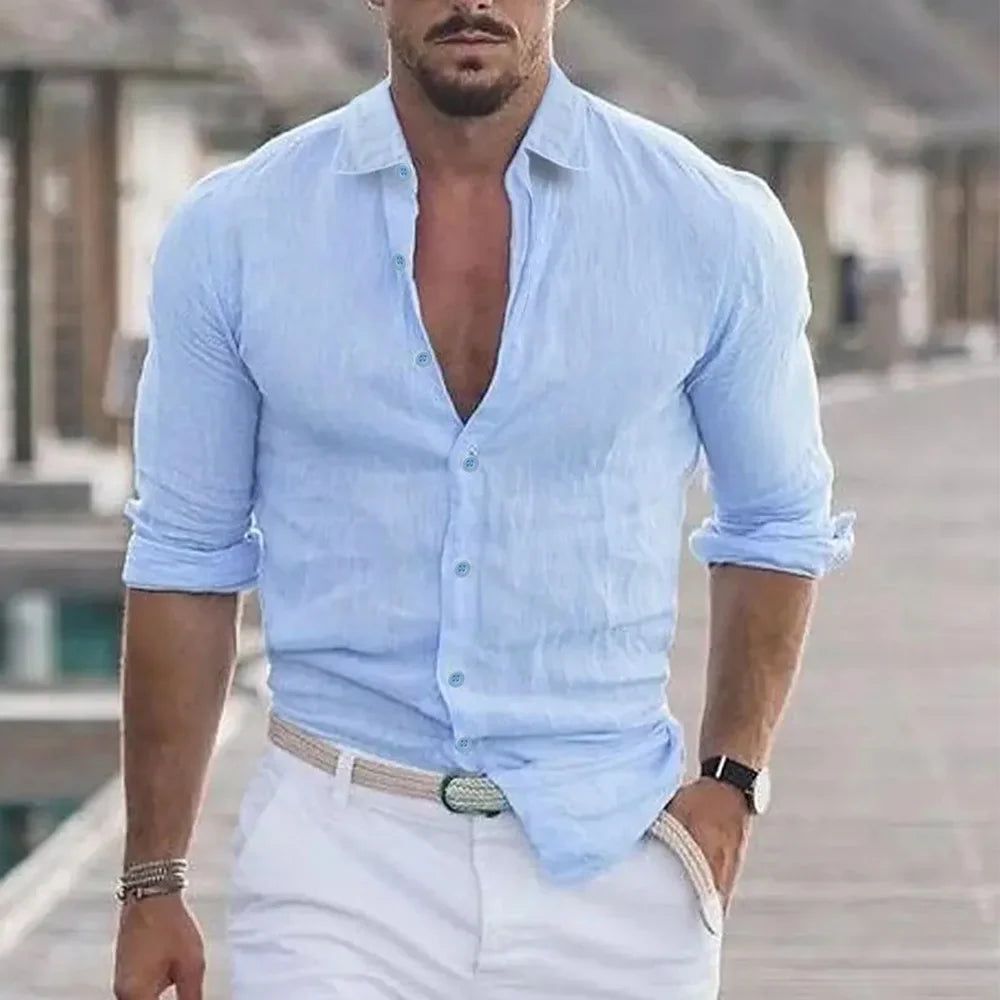 Shirt Men - Linen Button Down Casual Shirt with Long Sleeves