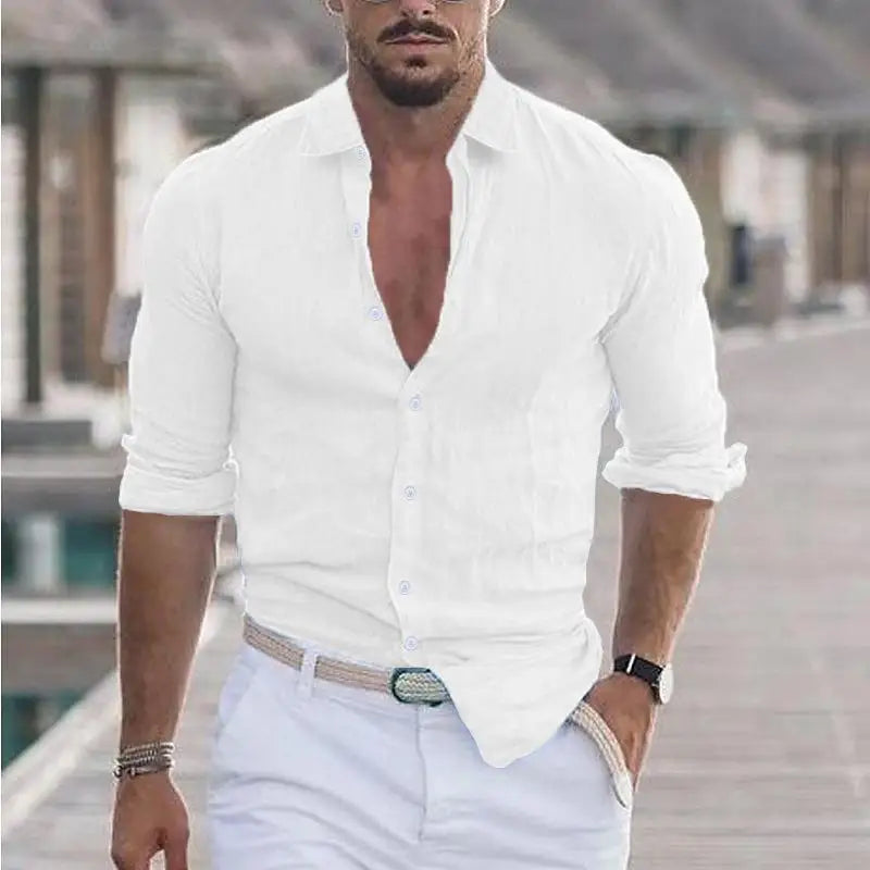 Shirt Men - Linen Button Down Casual Shirt with Long Sleeves