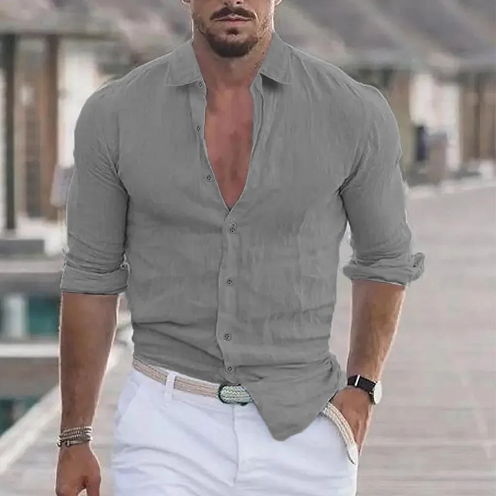 Shirt Men - Linen Button Down Casual Shirt with Long Sleeves