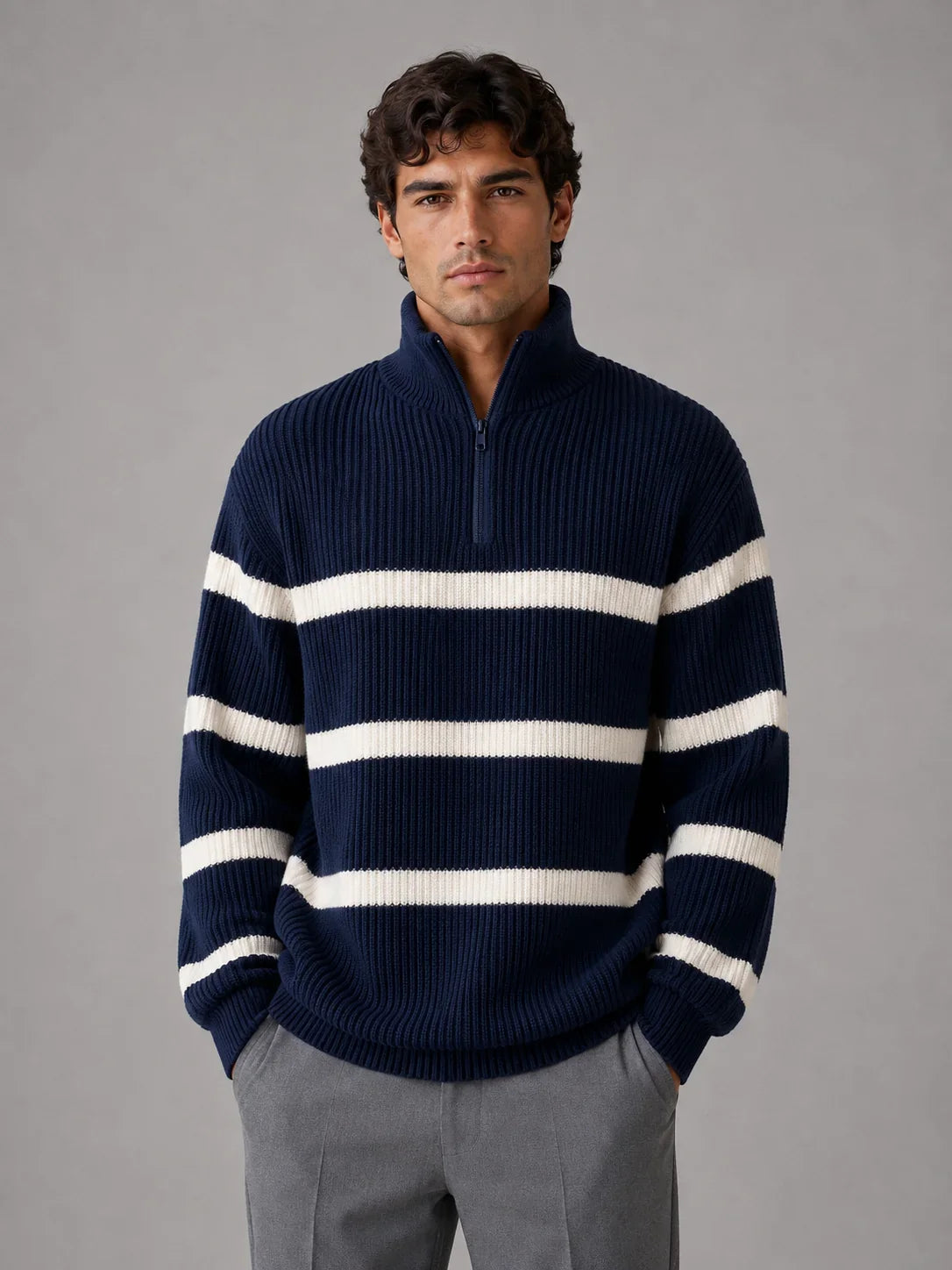 Sweater Men - Half Zip Jumper with Ribbed Stripes