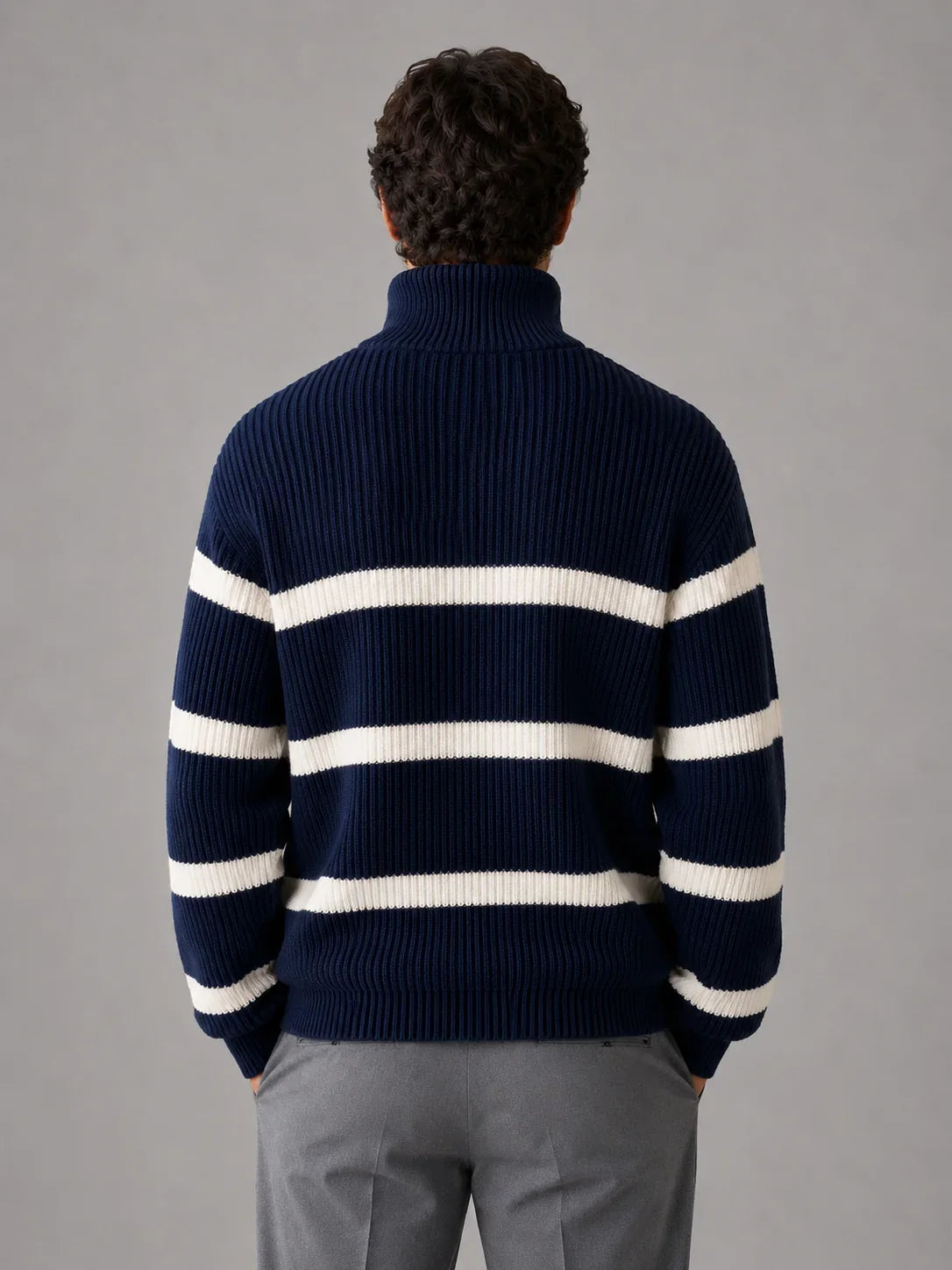 Sweater Men - Half Zip Jumper with Ribbed Stripes