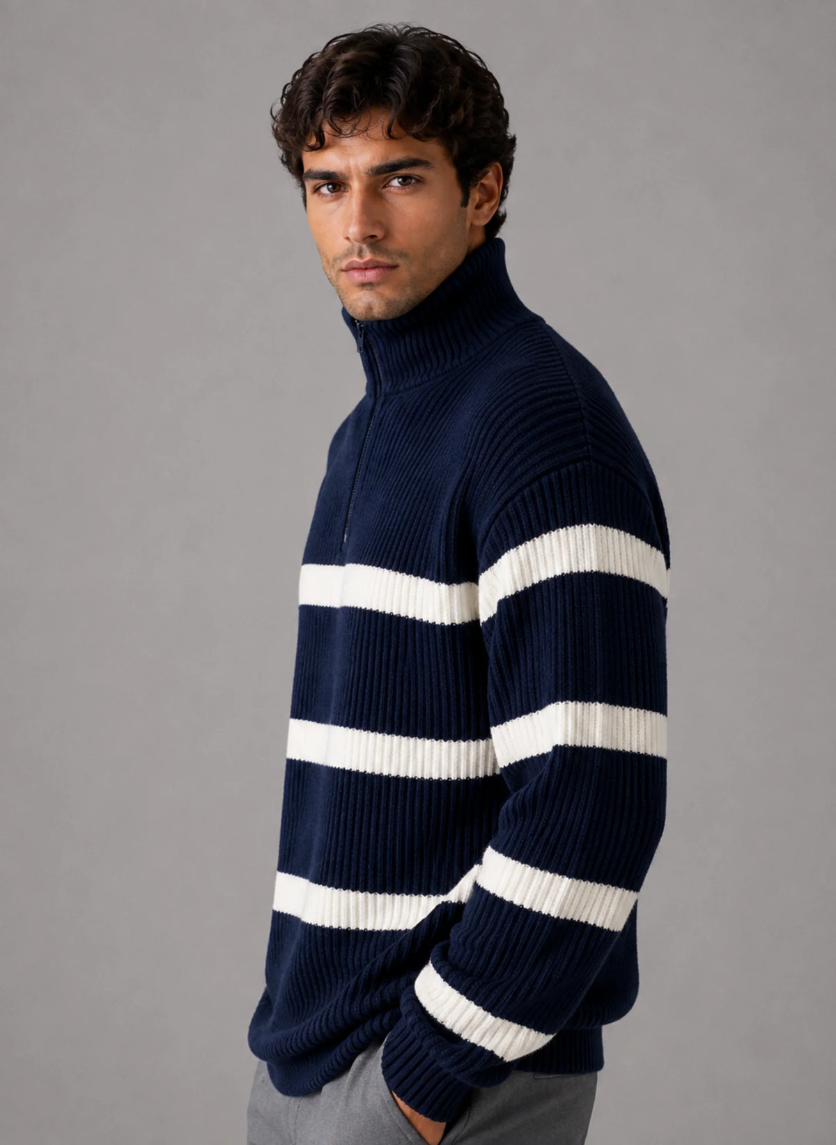 Sweater Men - Half Zip Jumper with Ribbed Stripes