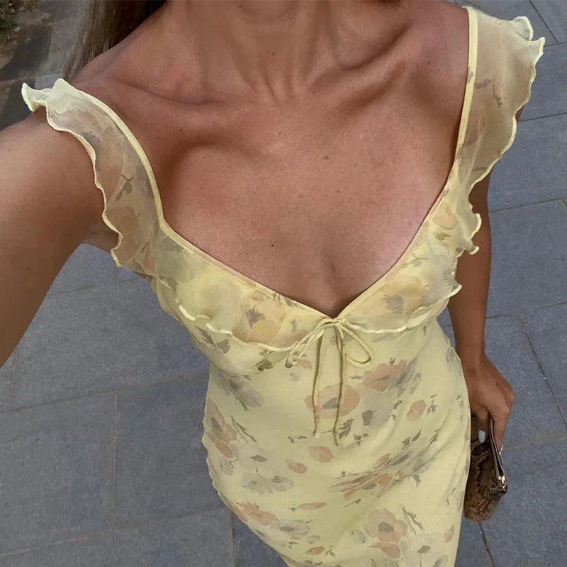 Dress Women - Floral Maxi Plunge Dress with Backless Design