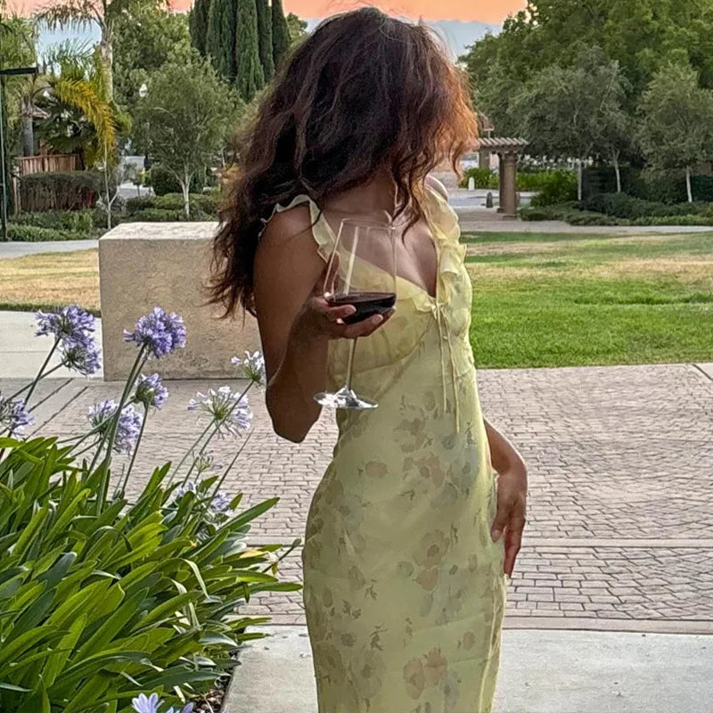 Dress Women - Floral Maxi Plunge Dress with Backless Design