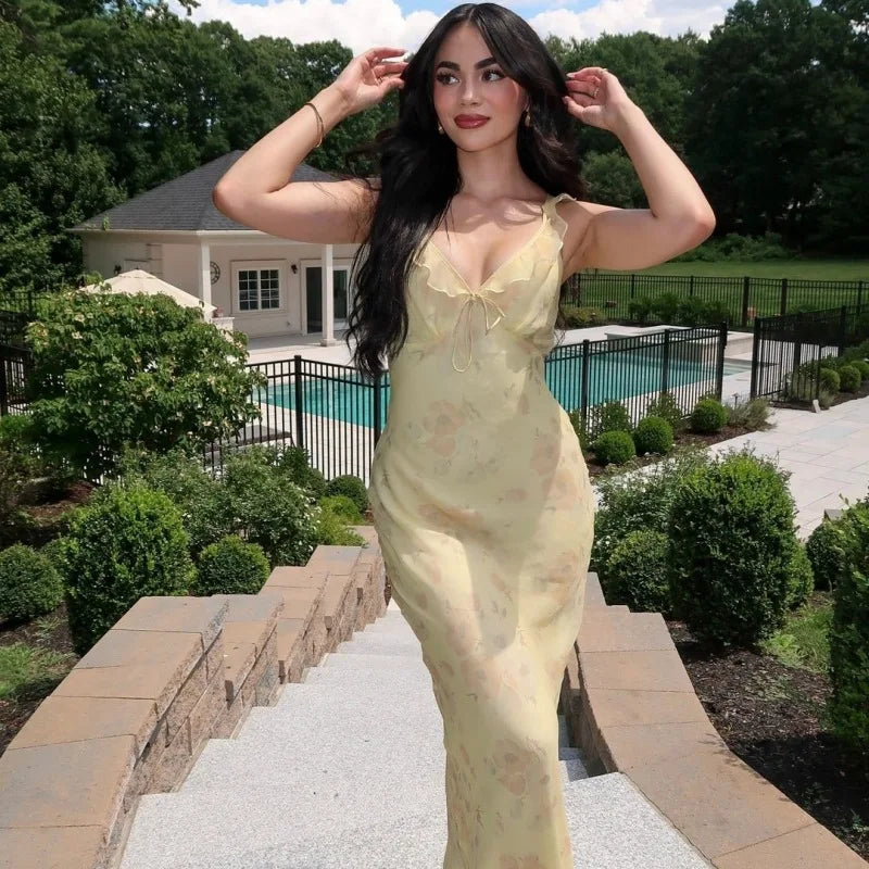Dress Women - Floral Maxi Plunge Dress with Backless Design