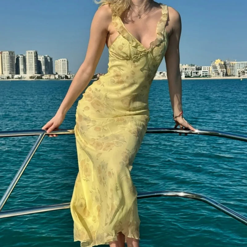 Dress Women - Floral Maxi Plunge Dress with Backless Design