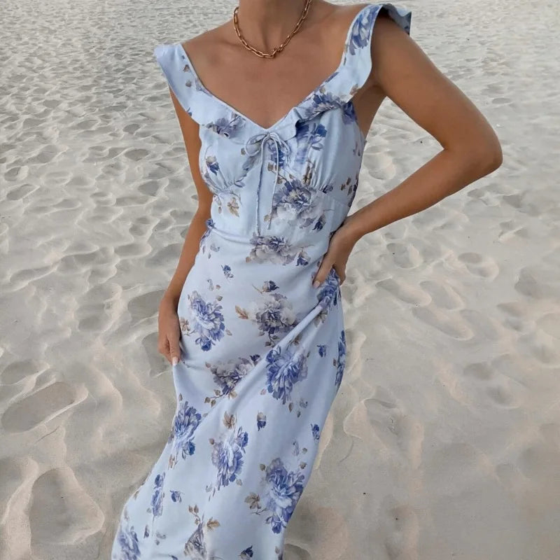 Dress Women - Floral Maxi Plunge Dress with Backless Design
