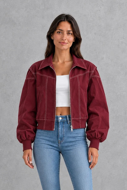 Jacket Women - Coated Bomber Jacket with Ribbed Cuffs