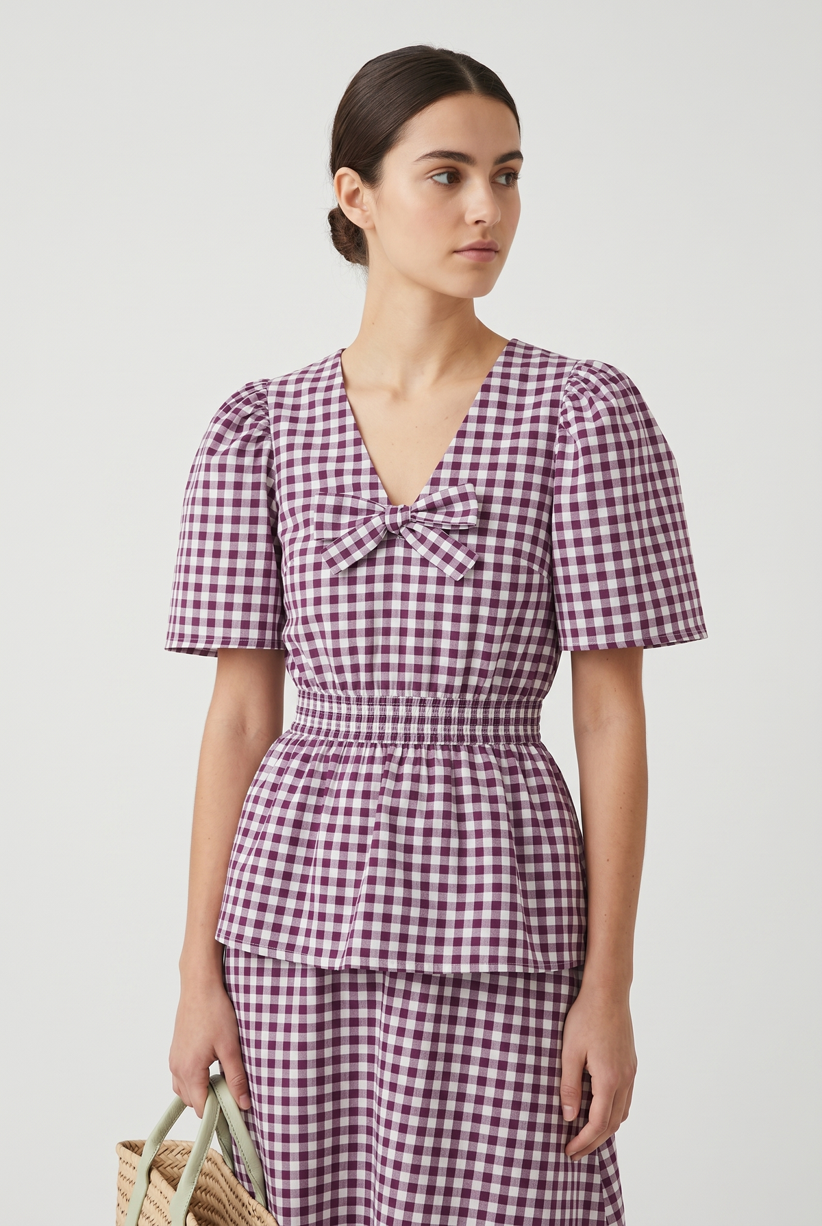 Maxi Dress Women - Gingham Puff Sleeve Dress with Tie-Bow V-Neck