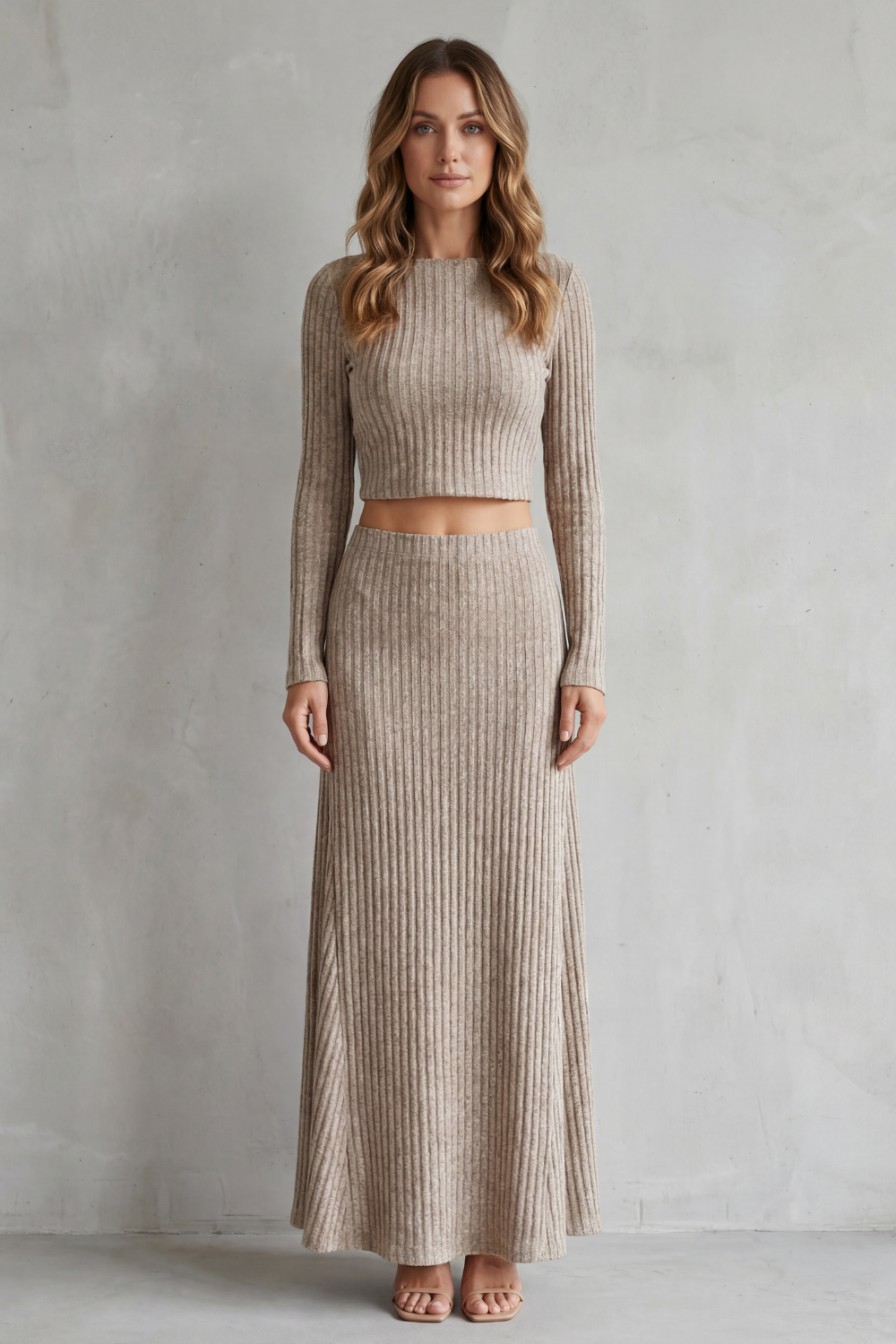 Set Women - Ribbed Knit Lounge Set with Long Sleeve Top